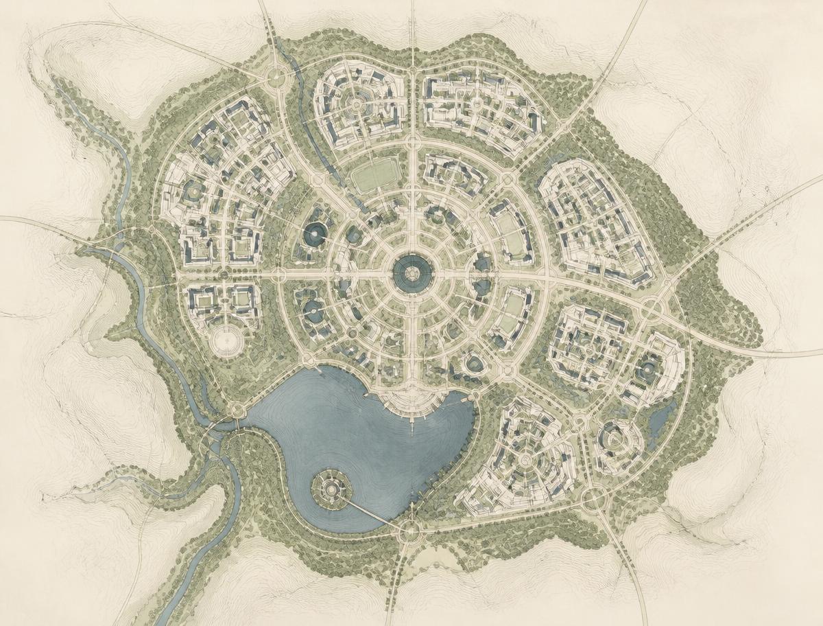 Conceptual masterplan diagram of the Educational City showing academic clusters, green belts and a central water body